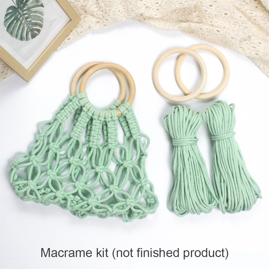 Macrame Kit Hollow Bag Weaving Kit | Dopamine Colors | Wooden Ring Handle | Commute/Outing Use | Beginner-Friendly