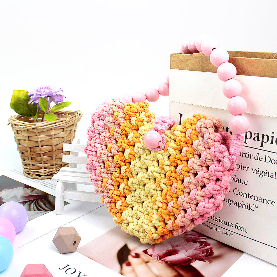 Macrame Kit Heart-Shaped Beaded Tote Weaving Kit | Dopamine Colors | Commute/Outing Use | Beginner-Friendly | DIY Gift