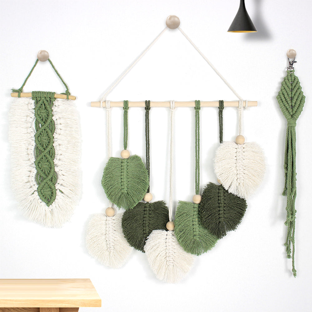 Macrame Kit 3pcs Leaf Set Weaving Kit | English Tutorials | Tapestry/Keychain | Bohemian Style | Beginner Weaving