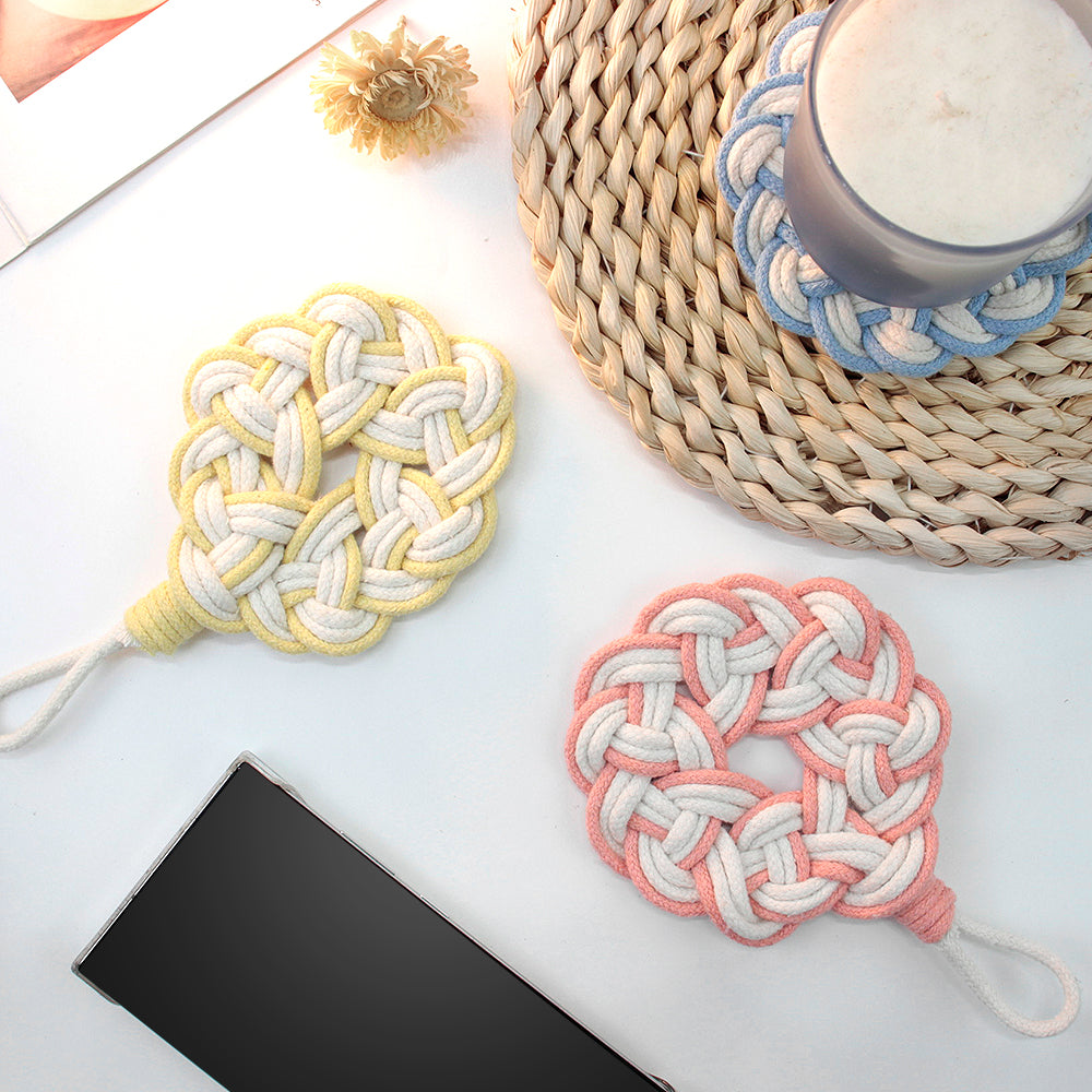 Macrame Kit Round Lace Coaster Weaving Kit | Light Color Elegance | Color Edging | Heat Pad | Beginner Weaving | Fits Most Cups