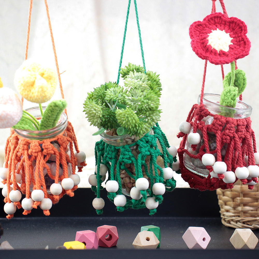 DIY Enthusiasts Mini Storage Hanger Macrame Kit | Cute Wooden Bead Plant Net Bag Weaving Kit | Home Decoration Hanging Basket