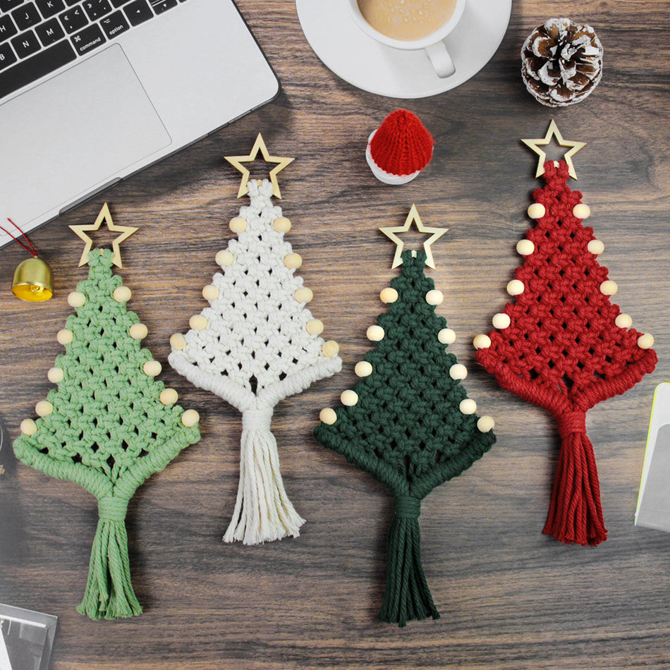 Christmas Tree Ornament Weaving Kit Macrame Kit | Car/Bag Pendant | Holiday DIY Gift | Beginner-Suitable Wooden Bead Christmas Tree