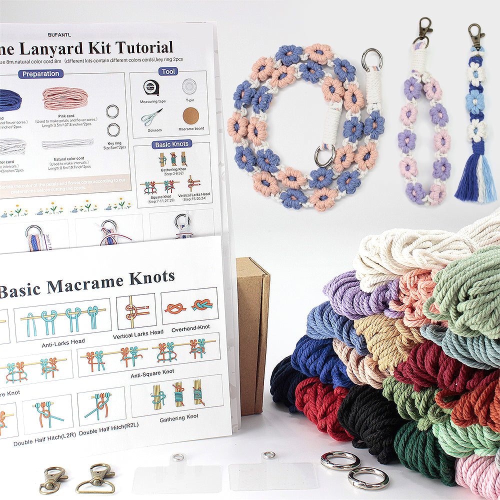 Macrame Kit Daisy Keychain Wristband Lanyard Combo Kit | Contrast/Fresh Colors | Anti-Lost String | Beginner Weavinggift wrapping