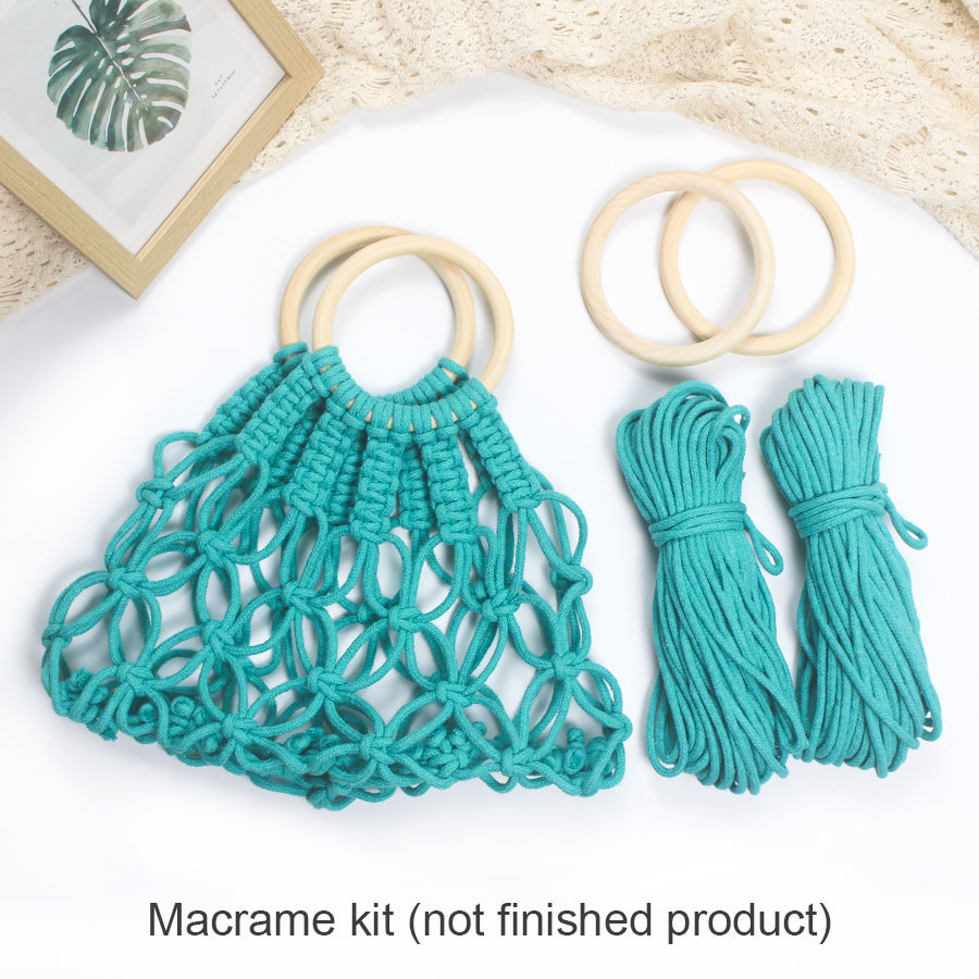 Macrame Kit Hollow Bag Weaving Kit | Dopamine Colors | Wooden Ring Handle | Commute/Outing Use | Beginner-Friendly