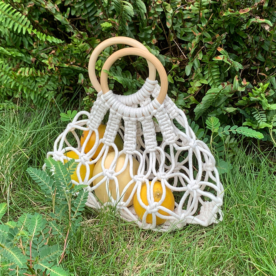 Macrame Kit Hollow Bag Weaving Kit | Dopamine Colors | Wooden Ring Handle | Commute/Outing Use | Beginner-Friendly