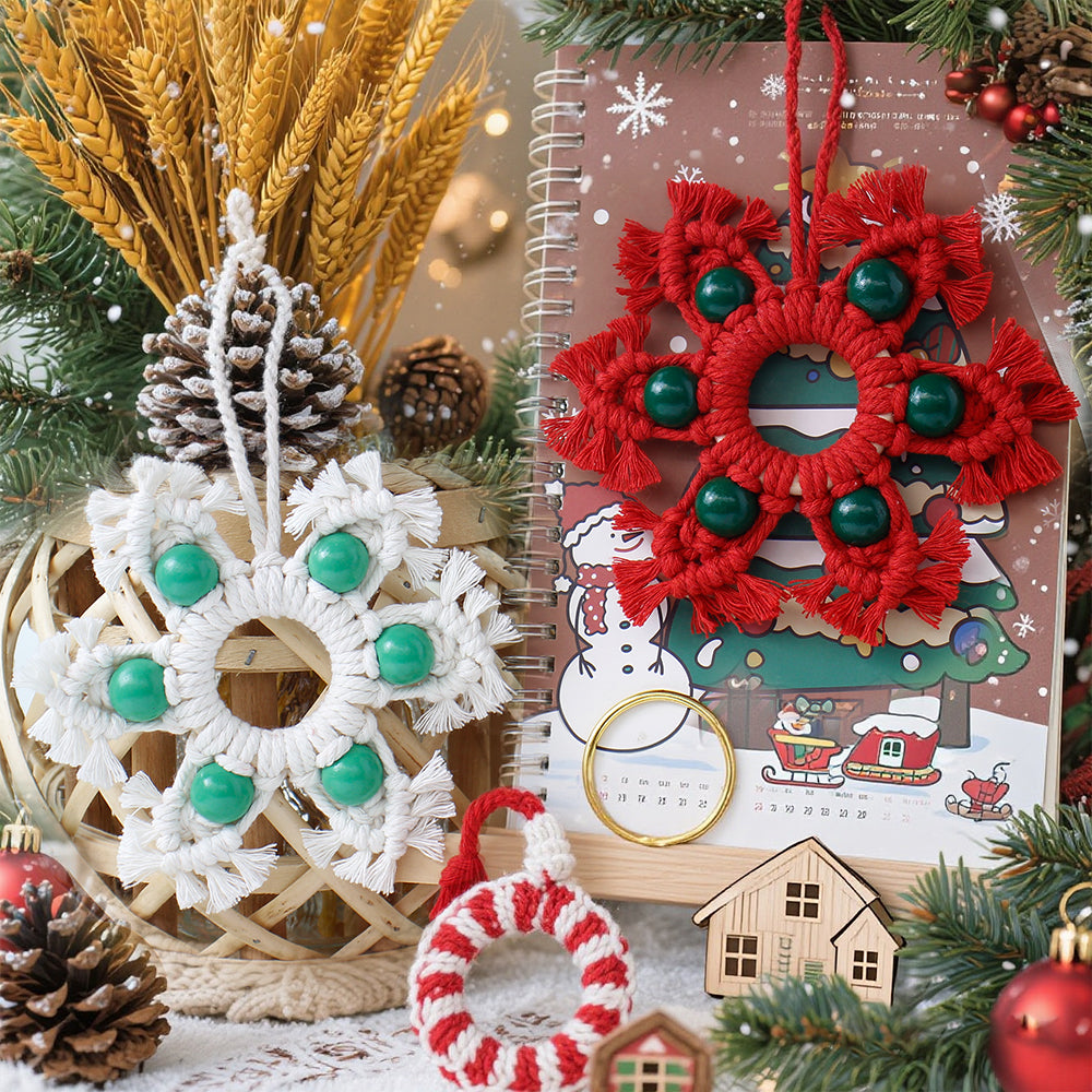 Wooden Bead Woven Snowflake Ornament Kit - Macrame Kit for Christmas Decoration, Car & Bag DIY Accessory&Holiday Decoration