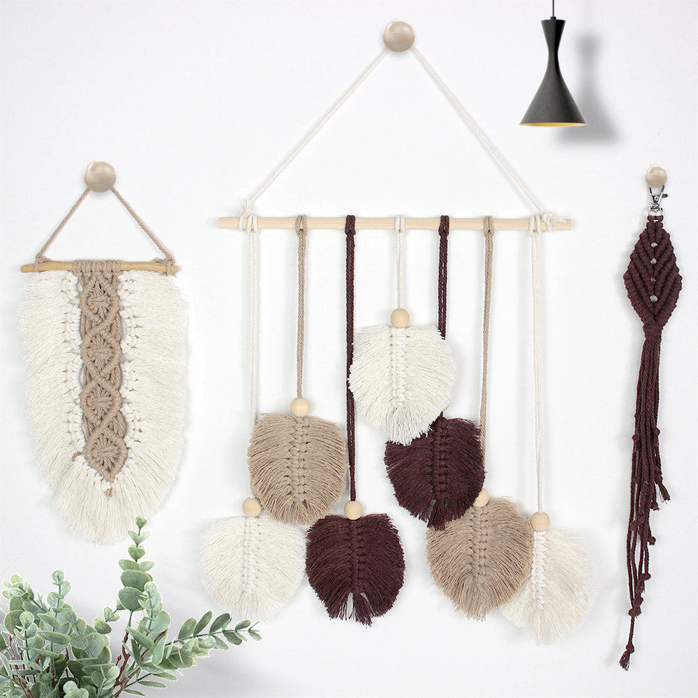 Macrame Kit 3pcs Leaf Set Weaving Kit | English Tutorials | Tapestry/Keychain | Bohemian Style | Beginner Weaving