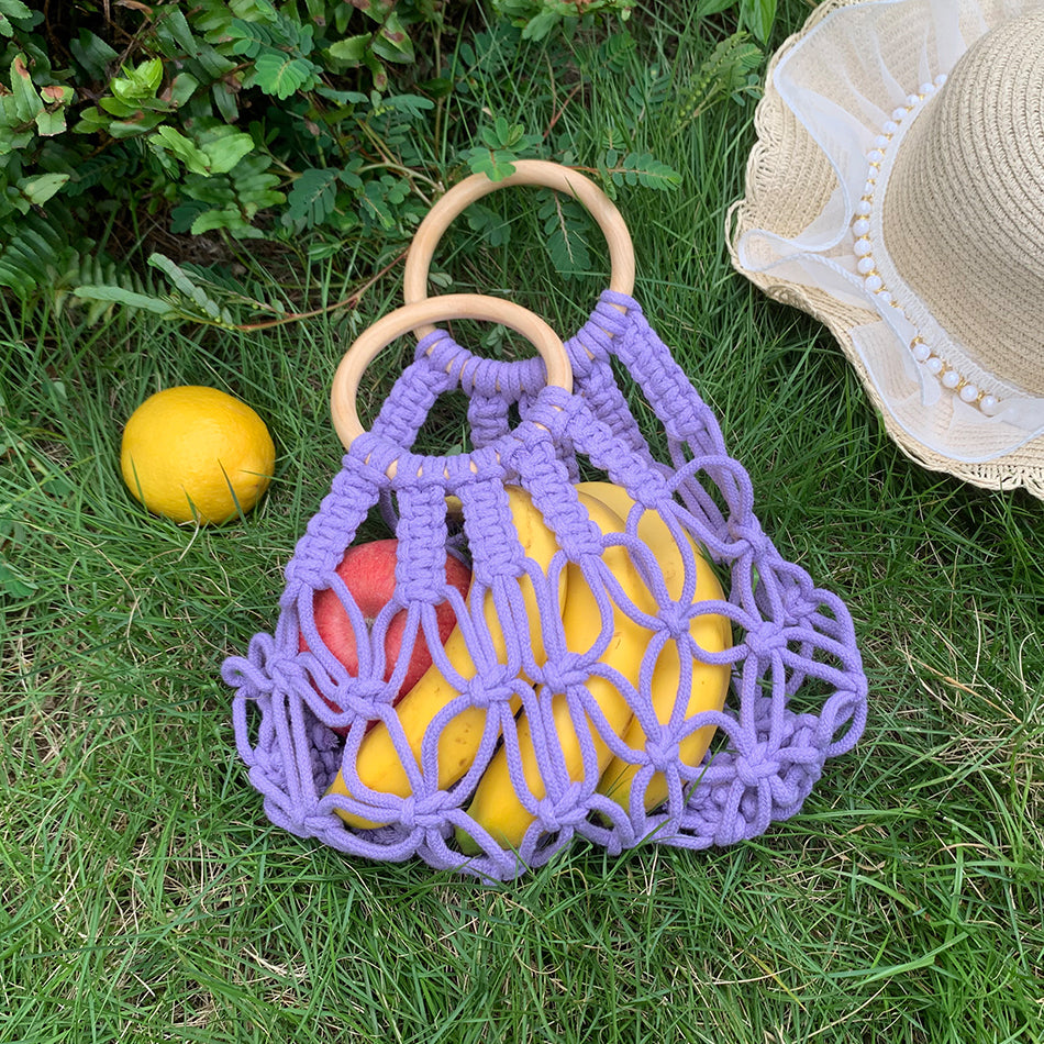 Macrame Kit Hollow Bag Weaving Kit | Dopamine Colors | Wooden Ring Handle | Commute/Outing Use | Beginner-Friendly