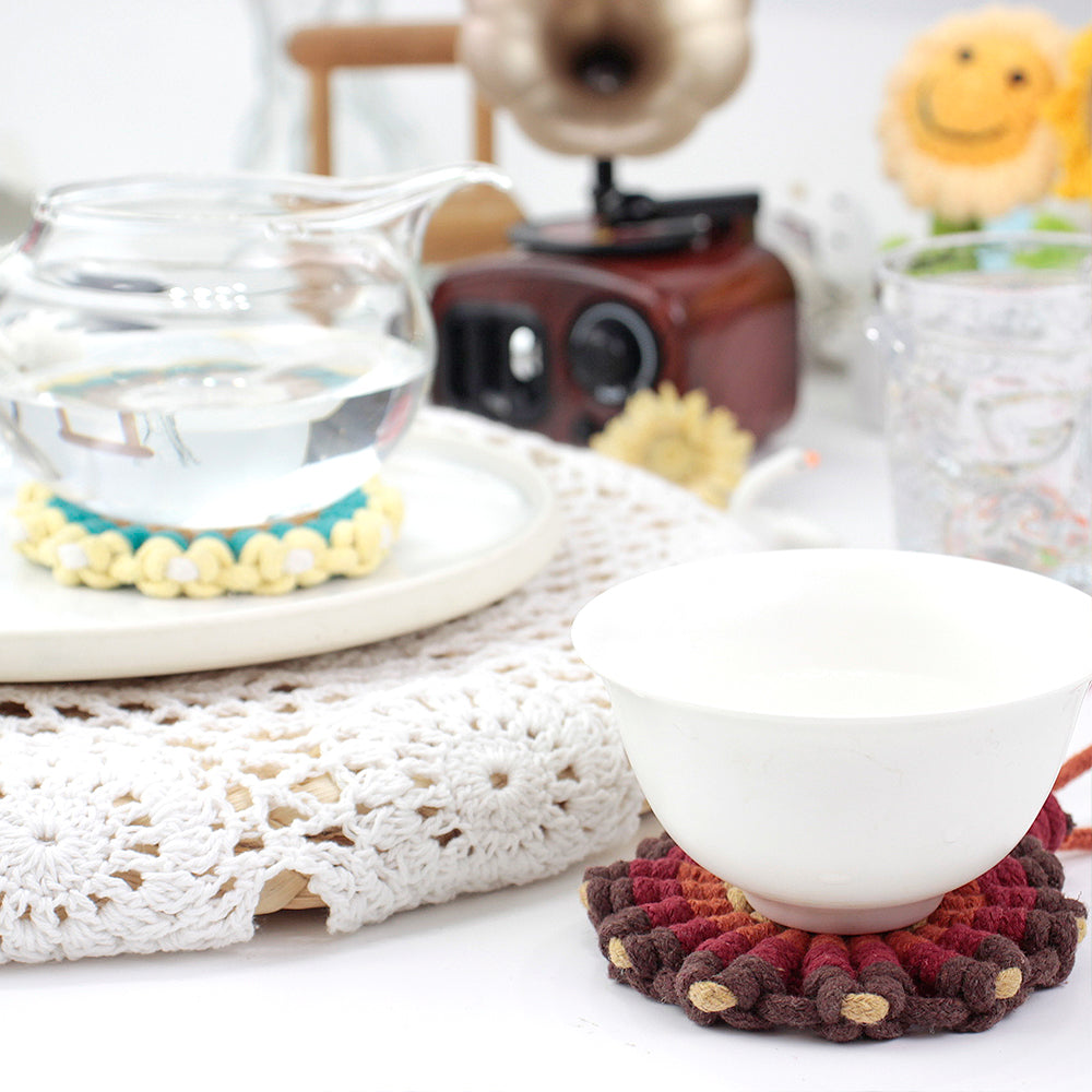 Sunflower Coaster Weaving Kit Macrame Kit | Hangable Decoration | Fits Most Cups | Heat Pad | Beginner-Friendly| Heat-Resistant Table Guard