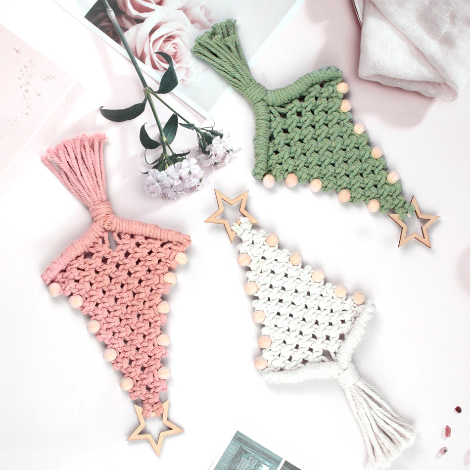 Christmas Tree Ornament Weaving Kit Macrame Kit | Car/Bag Pendant | Holiday DIY Gift | Beginner-Suitable Wooden Bead Christmas Tree