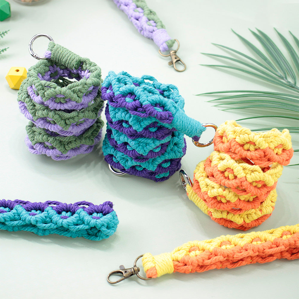 Macrame Kit Diagonal Curl Knot Keychain Combo Kit | Phone Wristband/Lanyard | Anti-Lost String | Beginner Weaving Lanyard