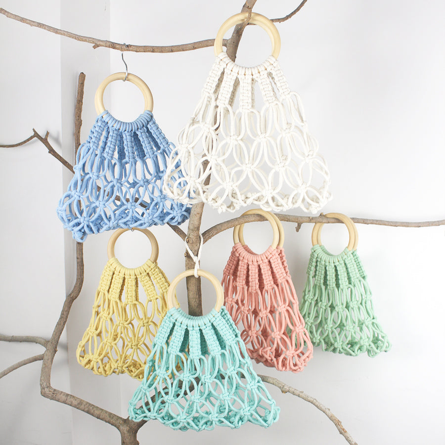 Macrame Kit Hollow Bag Weaving Kit | Dopamine Colors | Wooden Ring Handle | Commute/Outing Use | Beginner-Friendly