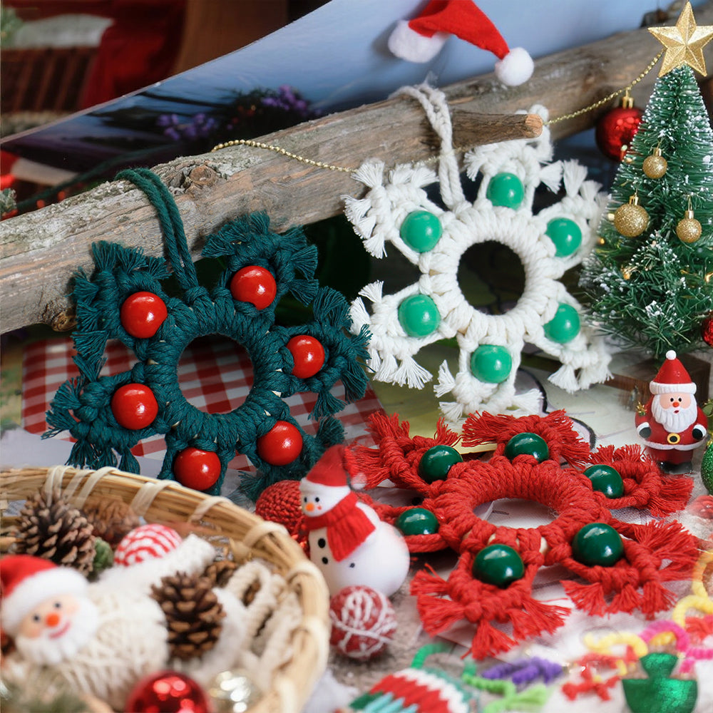 Wooden Bead Woven Snowflake Ornament Kit - Macrame Kit for Christmas Decoration, Car & Bag DIY Accessory&Holiday Decoration