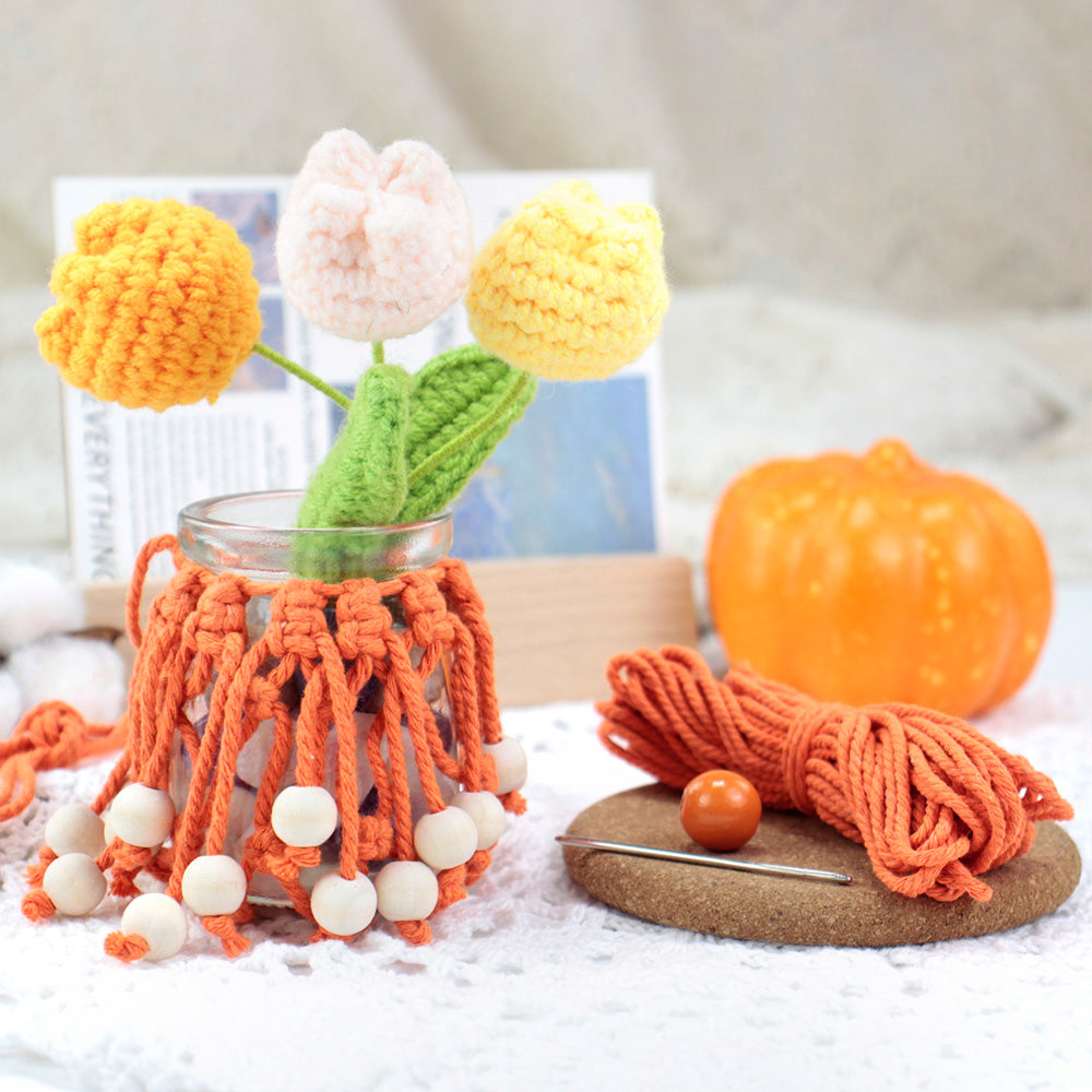 DIY Enthusiasts Mini Storage Hanger Macrame Kit | Cute Wooden Bead Plant Net Bag Weaving Kit | Home Decoration Hanging Basket