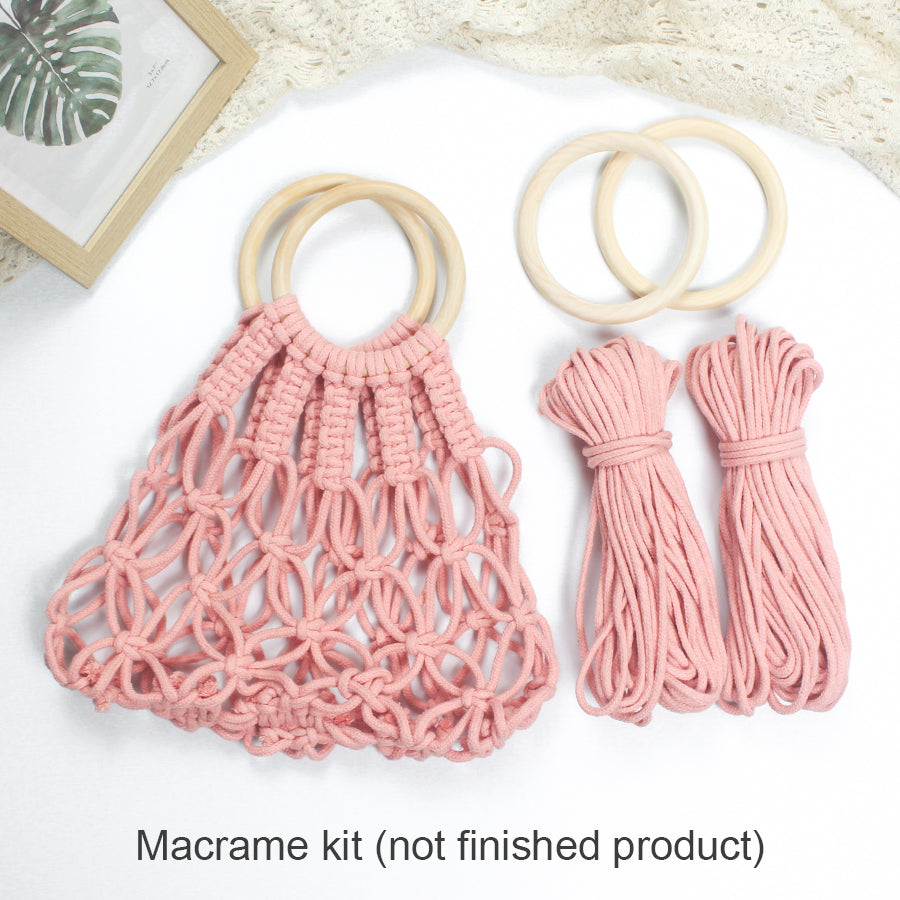 Macrame Kit Hollow Bag Weaving Kit | Dopamine Colors | Wooden Ring Handle | Commute/Outing Use | Beginner-Friendly