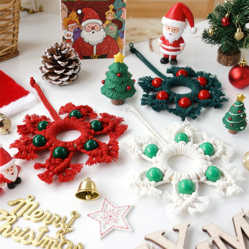 Wooden Bead Woven Snowflake Ornament Kit - Macrame Kit for Christmas Decoration, Car & Bag DIY Accessory&Holiday Decoration