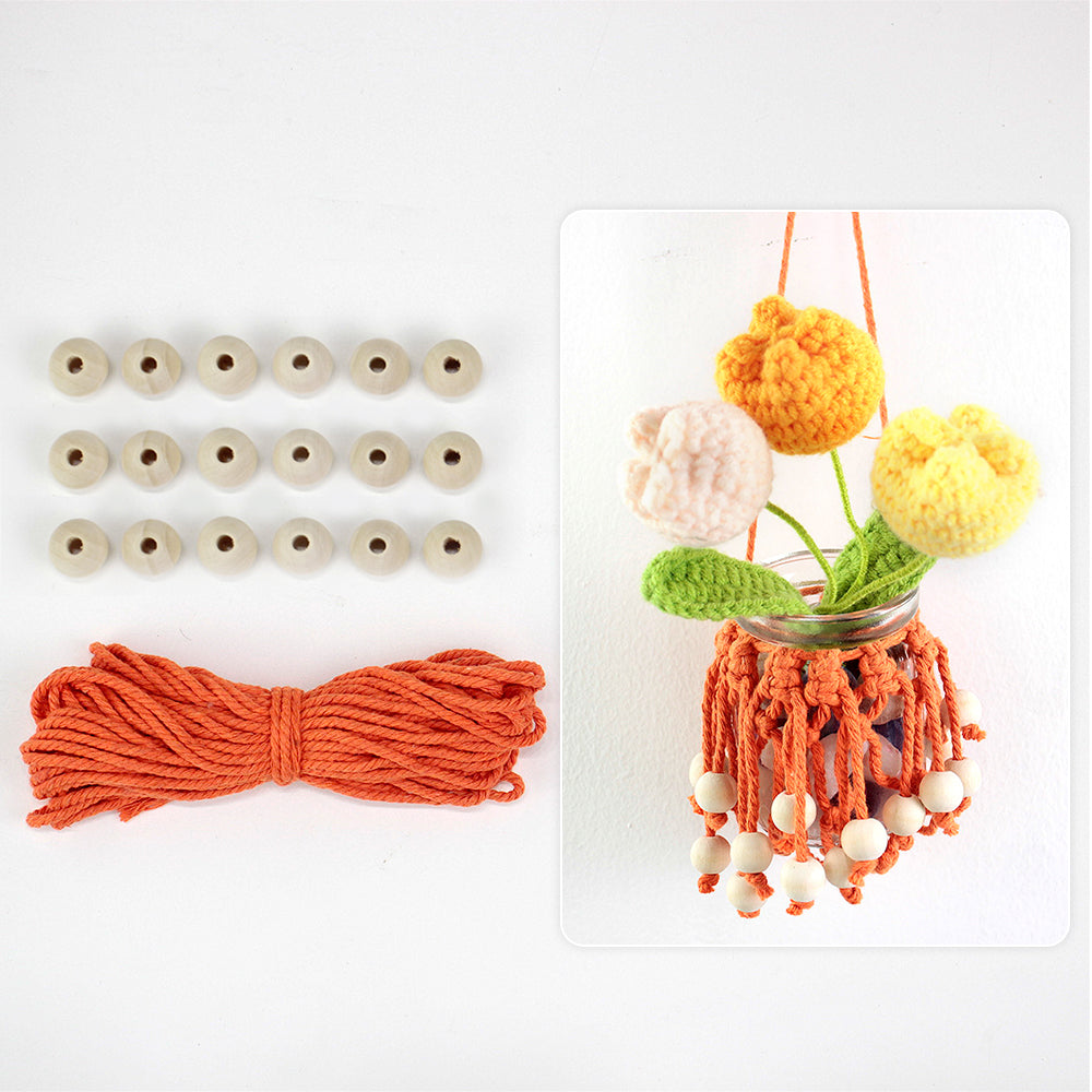 DIY Enthusiasts Mini Storage Hanger Macrame Kit | Cute Wooden Bead Plant Net Bag Weaving Kit | Home Decoration Hanging Basket