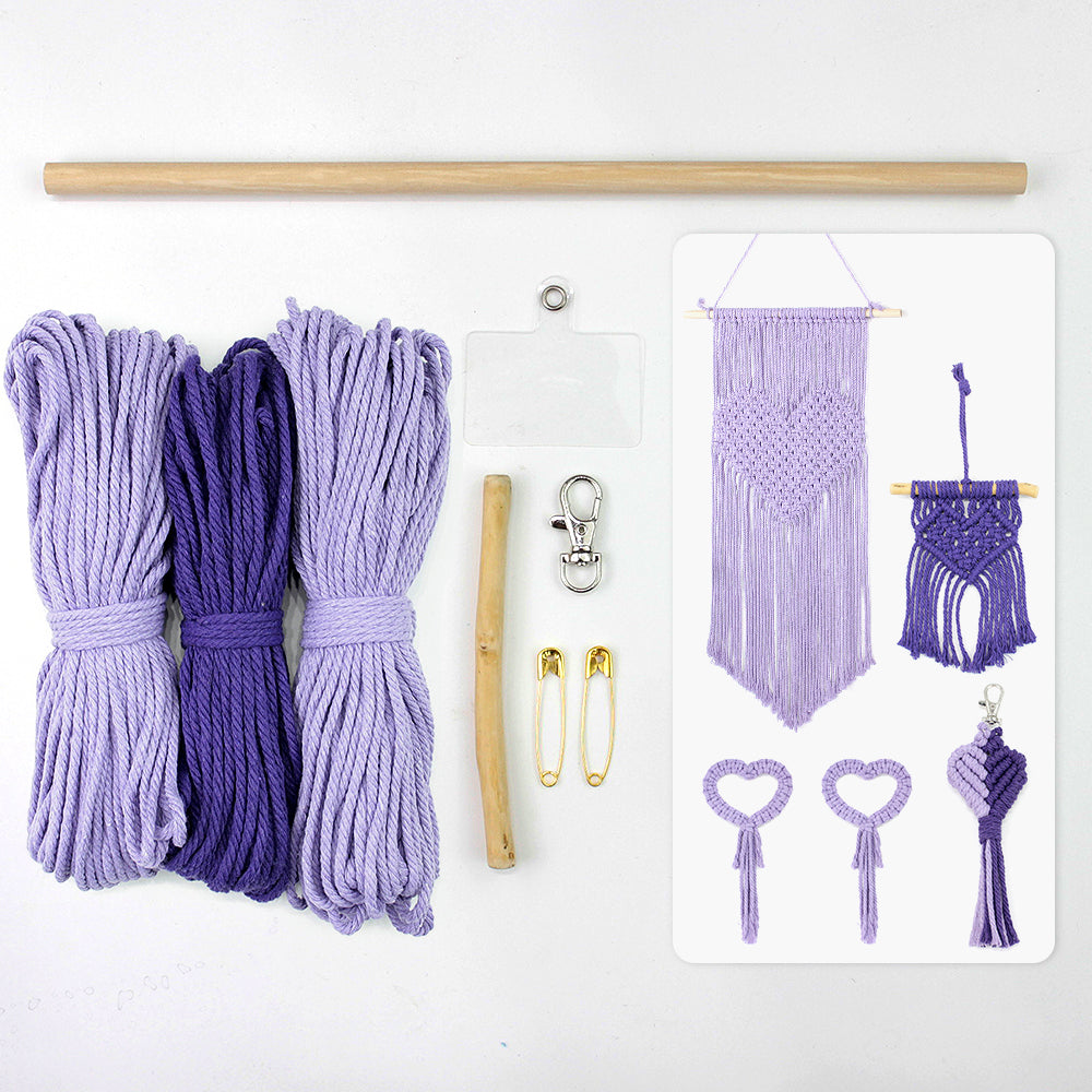 Macrame Kit Heart Series 4-Piece Combo Kit | Tassel Heart Tapestry/Keychain/Napkin Ring | Bohemian Style | Beginner Weaving