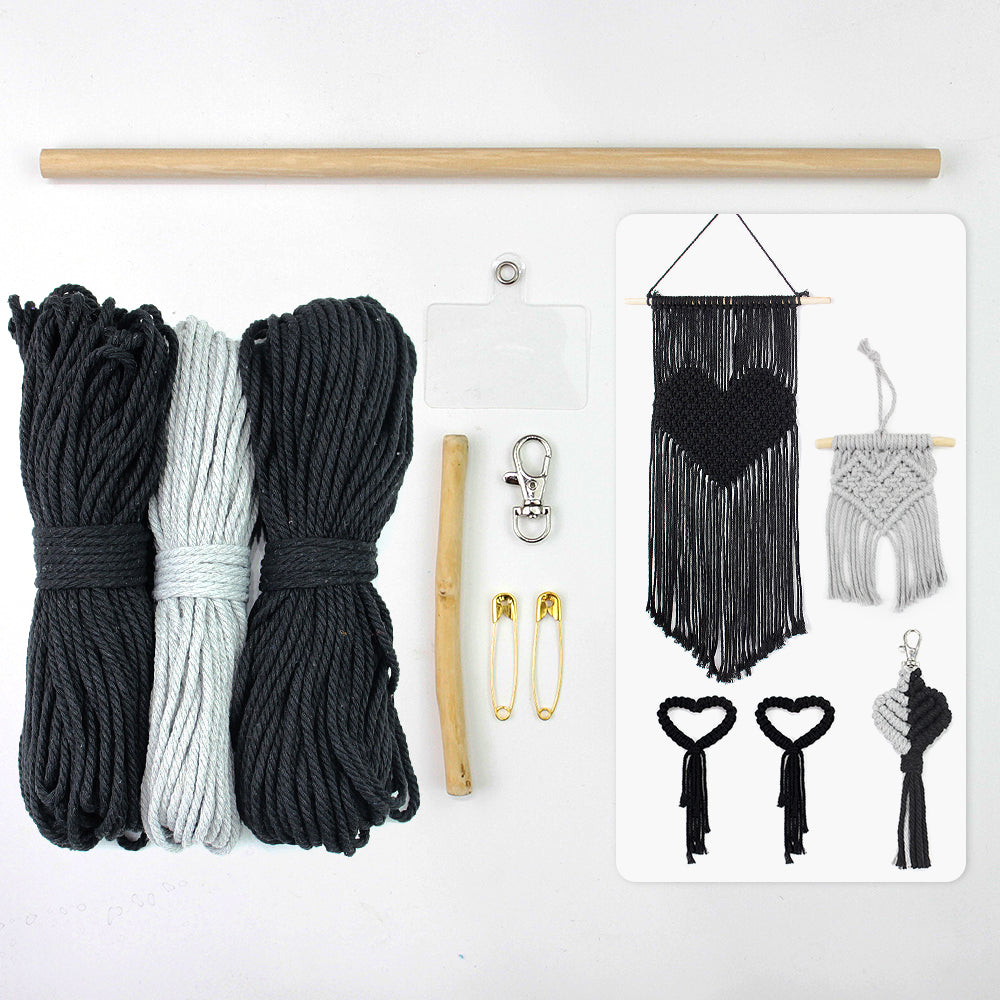 Macrame Kit Heart Series 4-Piece Combo Kit | Tassel Heart Tapestry/Keychain/Napkin Ring | Bohemian Style | Beginner Weaving