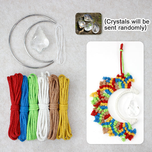 1Set BUFANTL Macrame Kit for Beginners, Bohemian Crescent Moon Crystal Hanging Ornament, Colorful Hand Weaving Kit for Home Car Decor & Friendship Gift