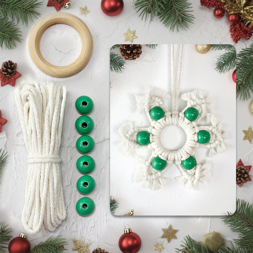 Wooden Bead Woven Snowflake Ornament Kit - Macrame Kit for Christmas Decoration, Car & Bag DIY Accessory&Holiday Decoration