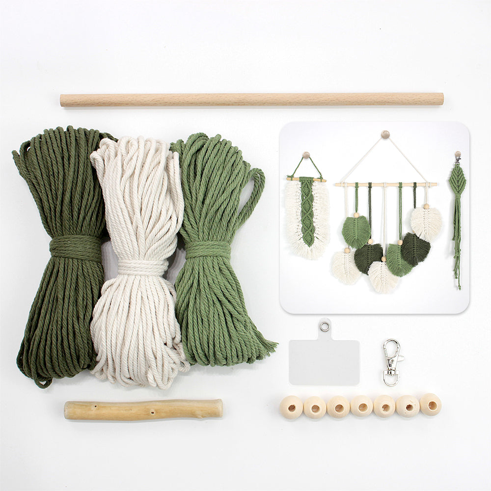 Macrame Kit 3pcs Leaf Set Weaving Kit | English Tutorials | Tapestry/Keychain | Bohemian Style | Beginner Weaving