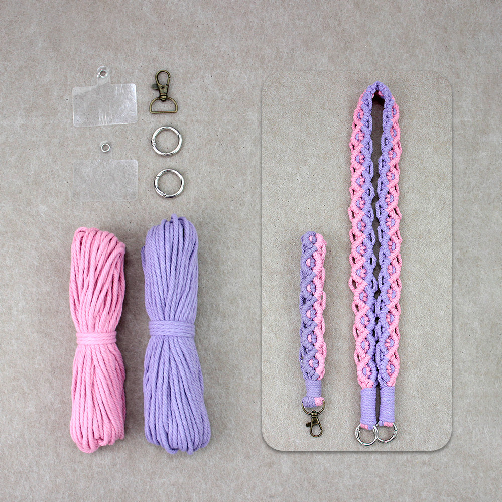 Macrame Kit Diagonal Curl Knot Keychain Combo Kit | Phone Wristband/Lanyard | Anti-Lost String | Beginner Weaving Lanyard