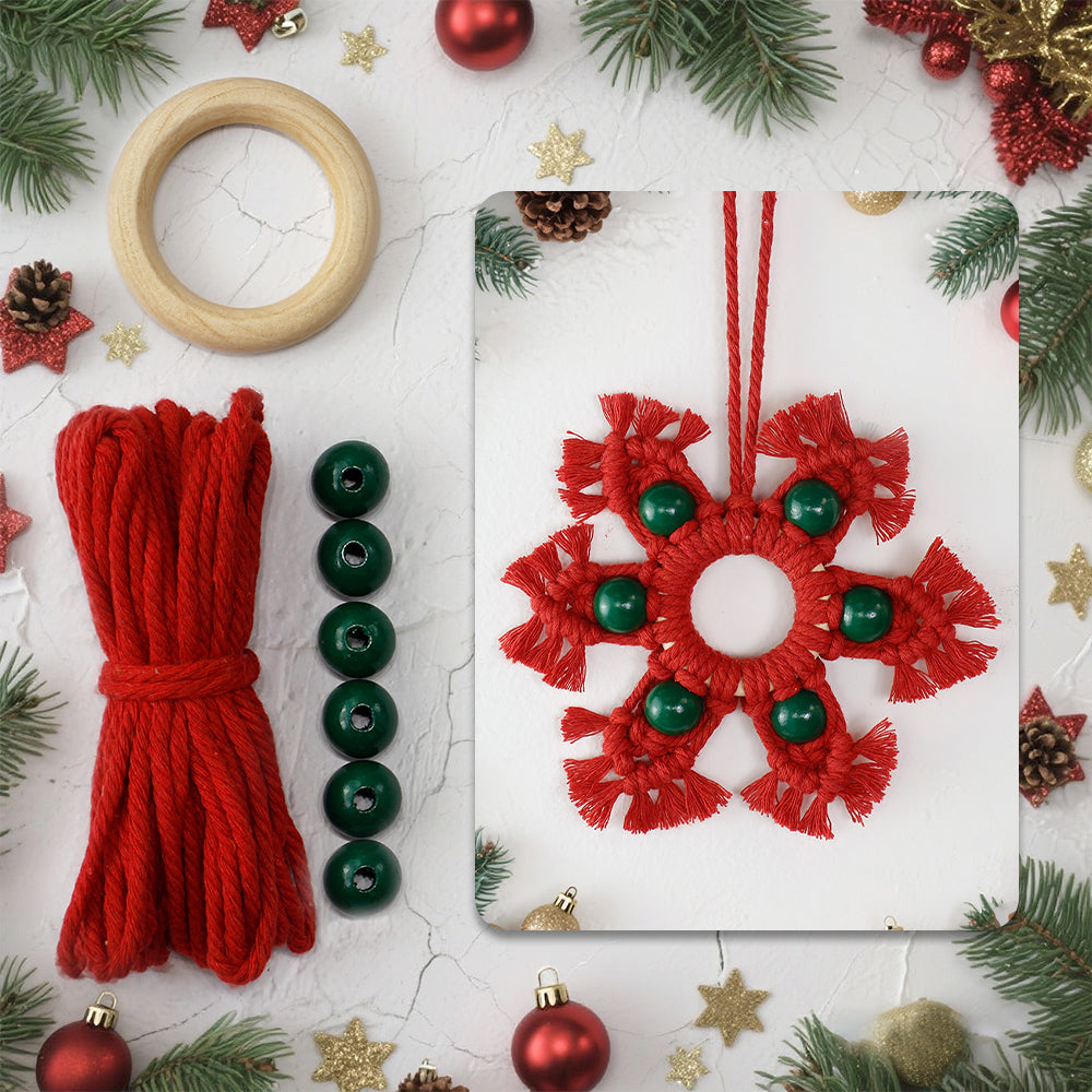 Wooden Bead Woven Snowflake Ornament Kit - Macrame Kit for Christmas Decoration, Car & Bag DIY Accessory&Holiday Decoration