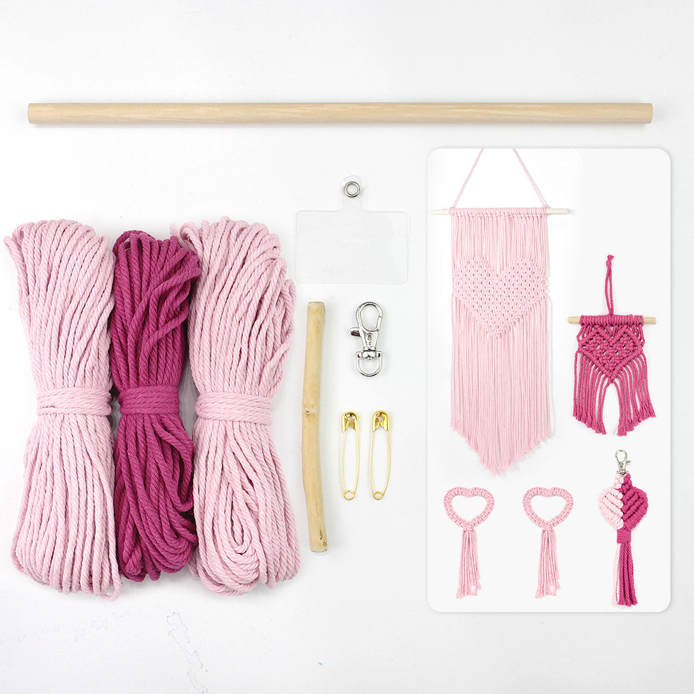 Macrame Kit Heart Series 4-Piece Combo Kit | Tassel Heart Tapestry/Keychain/Napkin Ring | Bohemian Style | Beginner Weaving