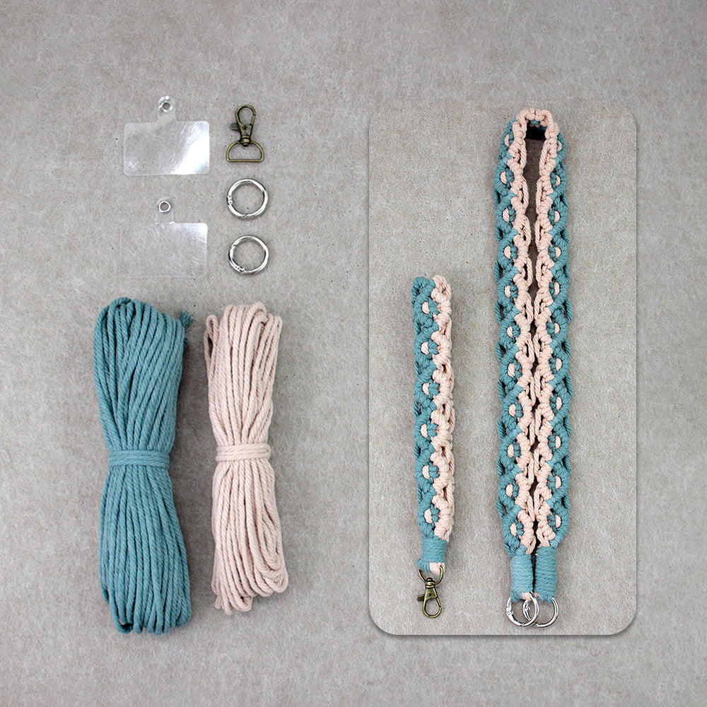 Macrame Kit Diagonal Curl Knot Keychain Combo Kit | Phone Wristband/Lanyard | Anti-Lost String | Beginner Weaving Lanyard