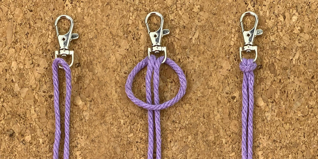 Step-by-step macrame tutorial showing a Lark's Head knot: lavender cord threaded through a lobster clasp, looped, and tightened — three stages pinned on a cork board