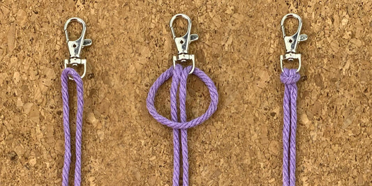 Step-by-step macrame tutorial showing a Lark's Head knot: lavender cord threaded through a lobster clasp, looped, and tightened — three stages pinned on a cork board