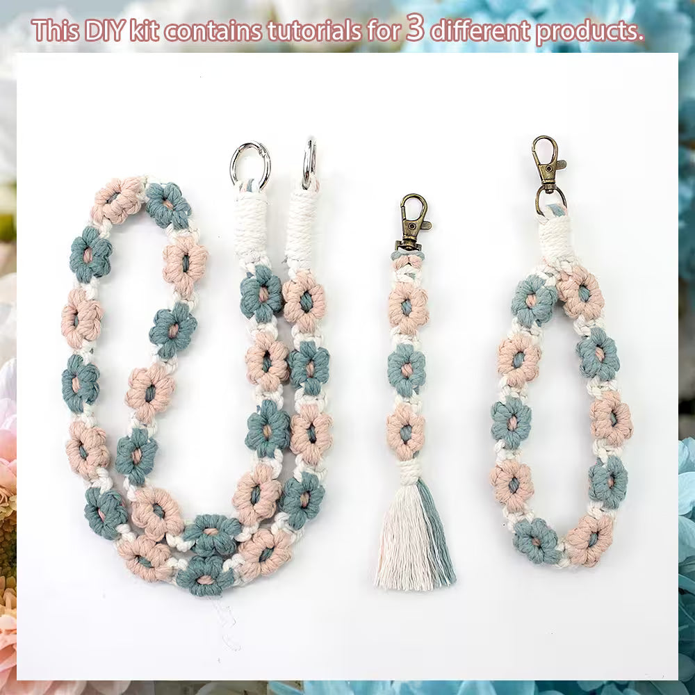 Macrame Kit for Beginners, Boho Daisy Macrame 3Pcs DIY Kit for Keychain & Handmade Gifts