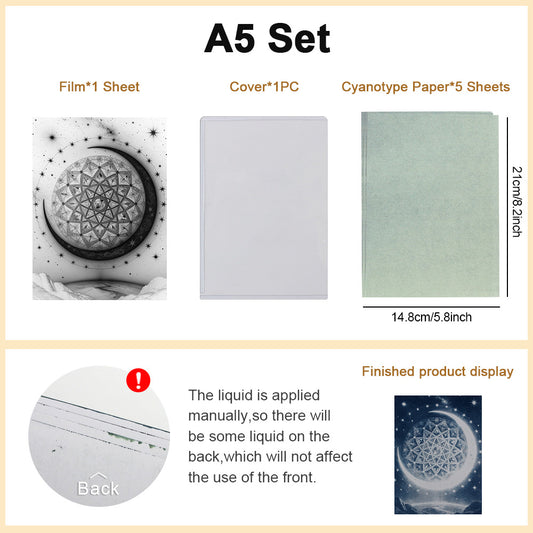 A5 Moon & Star Cyanotype Paper 5-Sheet Trial Pack Cyanotype Set Sun Art Paper Vintage Printing Mysterious Moon-Star Patterns For DIY Gifting/Photography Lovers