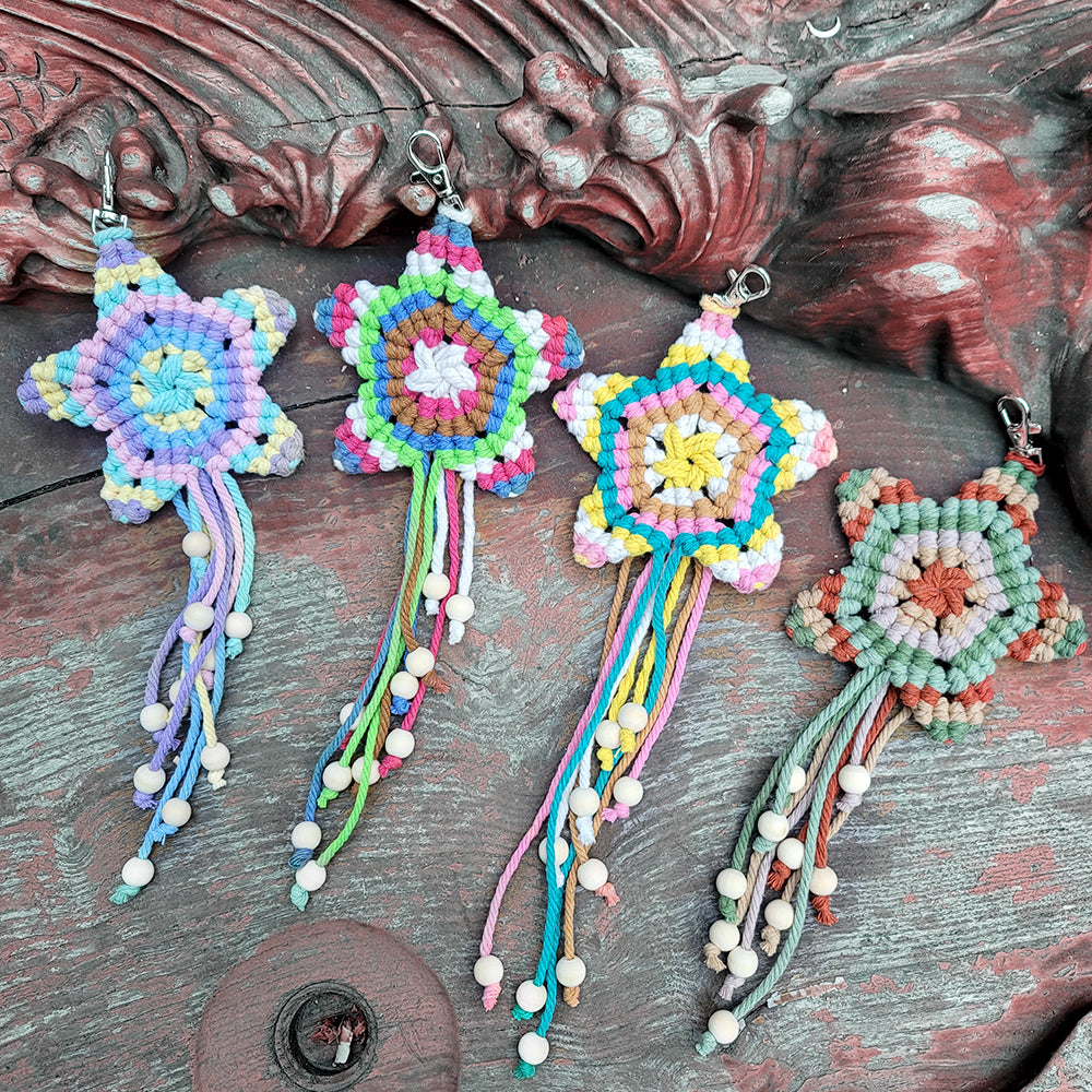 Macrame Kit 5-Pointed Star Keychain Weaving Kit | Multi-Colors |  Fringe + Wood Bead Decor | Wristband/Anti-Lost Strap | Beginner-Friendly
