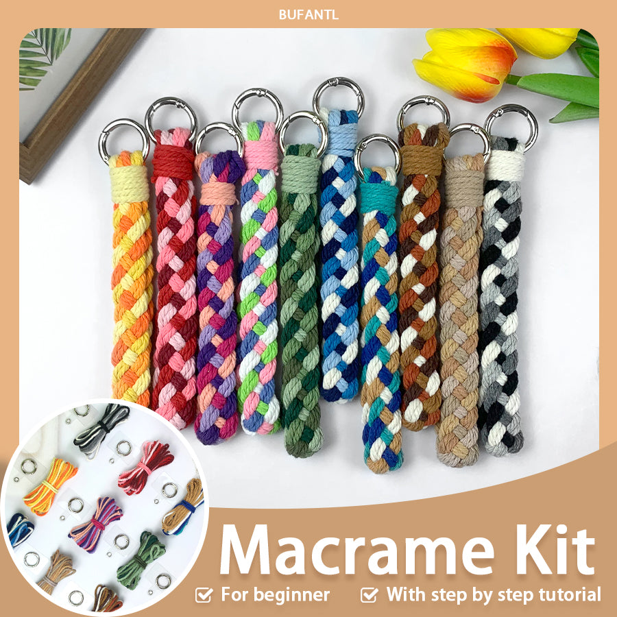 Macrame Kit: 4-strand Braid Keychain Weaving Craft Material Pack. 4 colored ropes (1.5m each, gradient/color contrast options). Includes tutorial, 1 key ring with spring clasp, 1 phone clip. For beginnersDIY enthusiasts. Use as keychain, phone pendant