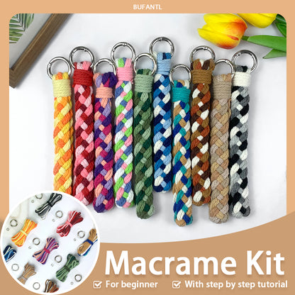 Macrame Kit: 4-strand Braid Keychain Weaving Craft Material Pack. 4 colored ropes (1.5m each, gradient/color contrast options). Includes tutorial, 1 key ring with spring clasp, 1 phone clip. For beginnersDIY enthusiasts. Use as keychain, phone pendant