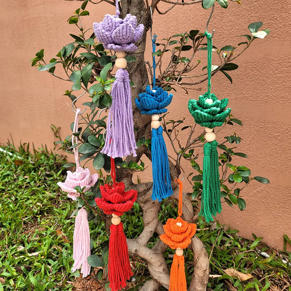 Macrame Kit for Beginners, Boho Lotus Hanging Ornament DIY Kit, Vintage Ethnic Hand‑Woven Craft Set