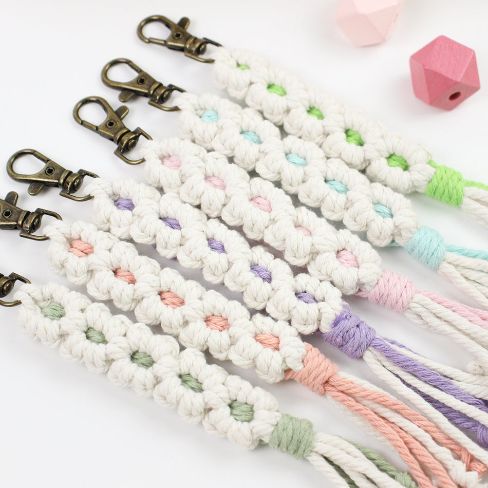 White Daisy Keychain Wristband Weaving Kit Macrame Kit: Premium Polyester Rope (2 colors, 3m each), Tutorial, Bronze Dog Clasp  Phone Clip, White Petals & Colored Center, Beginner-Friendly, For Pendants