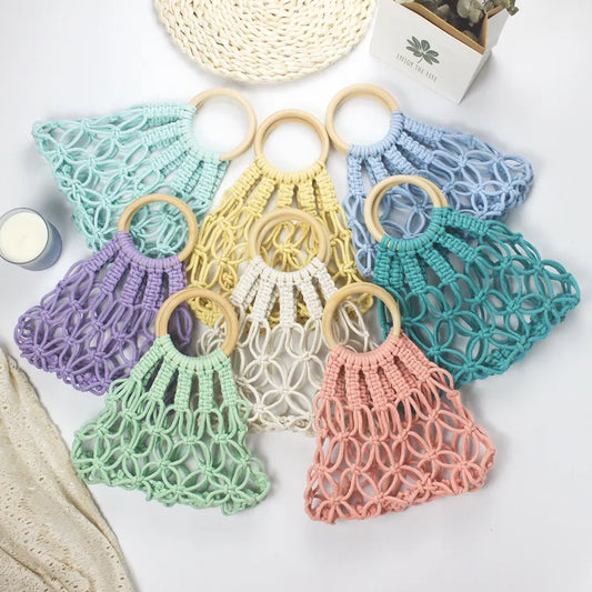 Macrame Kit for Beginners, Boho Mini Net Bag DIY Craft Kit, woven tote pouch with wooden ring handle