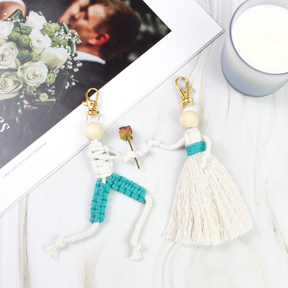 Macrame Kit Boy & Girl Handmade Weaving Keychain Set Movable Limbs, Fringe Skirt | Valentine's Day Gift, Beginner-Friendly