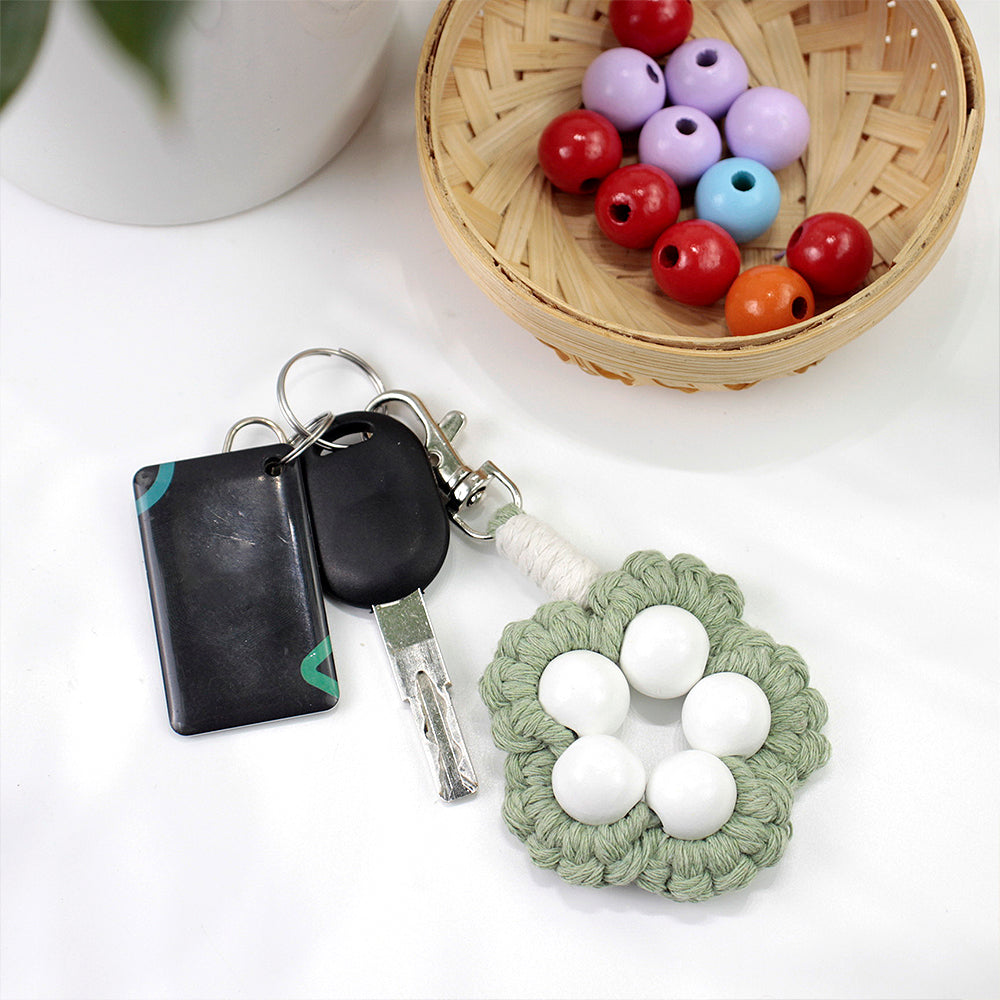 Wood Bead Flower Keychain Weaving Kit Macrame Kit | Multi-Colors | Cute Vitality | Bag Charm/Keychain | Beginner DIY Set