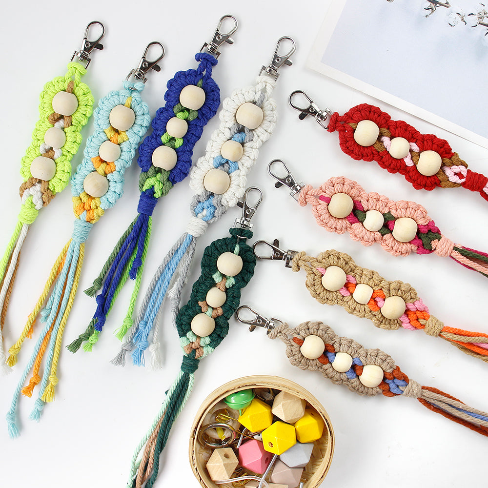 Wood Bead Fringe Keychain Weaving Kit Macrame Kit | Multi-Colors | Exquisite Design | Phone Pendant/Keychain | Beginner DIY Set