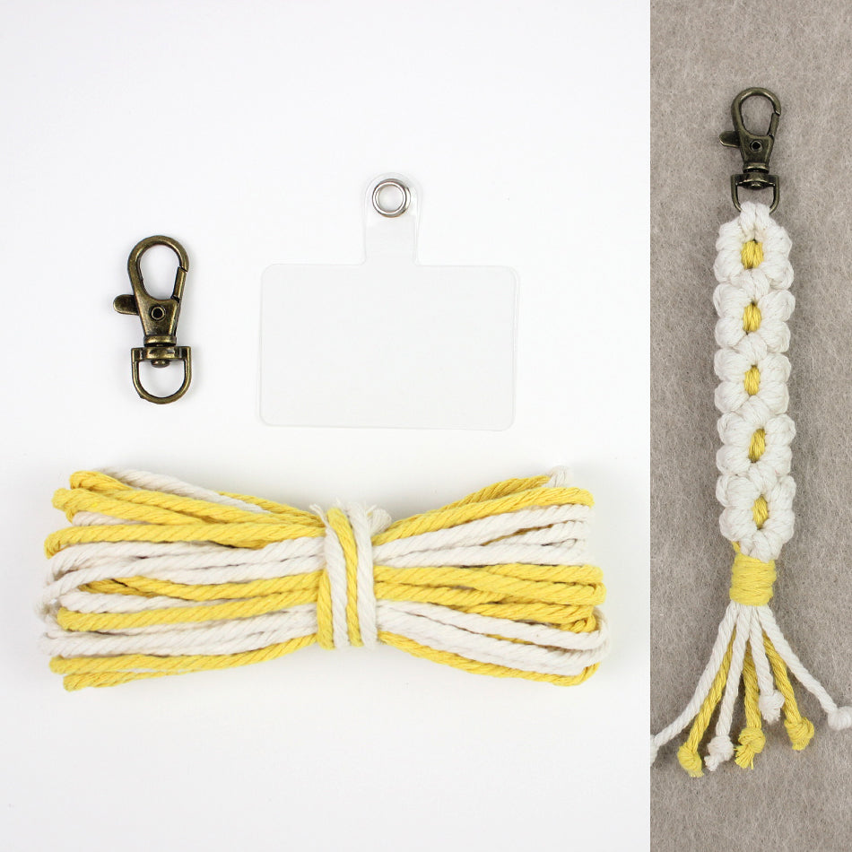 White Daisy Keychain Wristband Weaving Kit Macrame Kit: Premium Polyester Rope (2 colors, 3m each), Tutorial, Bronze Dog Clasp  Phone Clip, White Petals & Colored Center, Beginner-Friendly, For Pendants