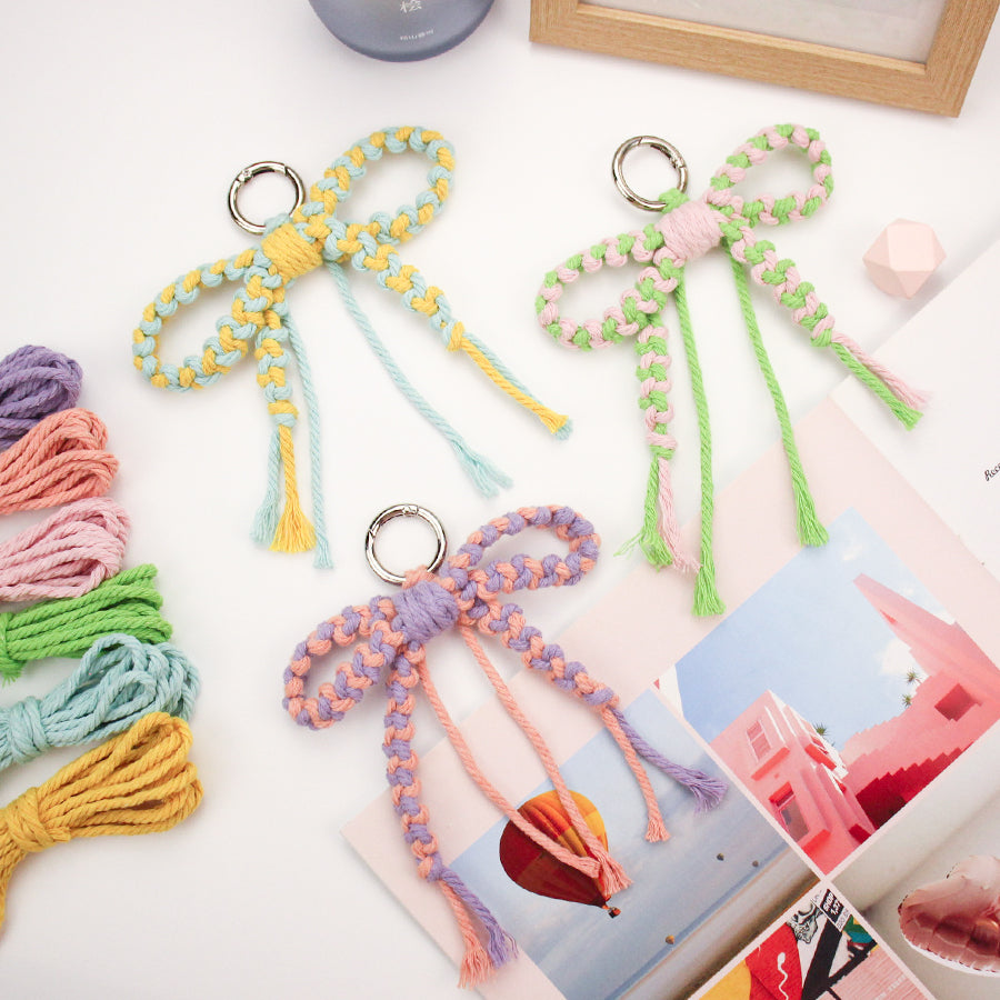 Bow Keychain Weaving Craft Material Pack Macrame Kit - High-quality Polyester Rope (2 meters each in 2 colors) with Tutorial, Key Ring with Spring Clasp, Phone Clip, Bohemian Style, Beginner-friendly