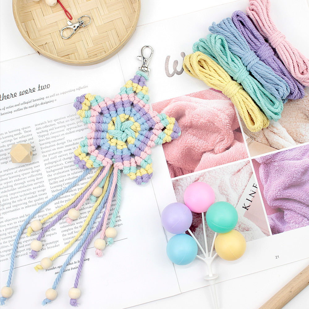 Macrame Kit 5-Pointed Star Keychain Weaving Kit | Multi-Colors |  Fringe + Wood Bead Decor | Wristband/Anti-Lost Strap | Beginner-Friendly
