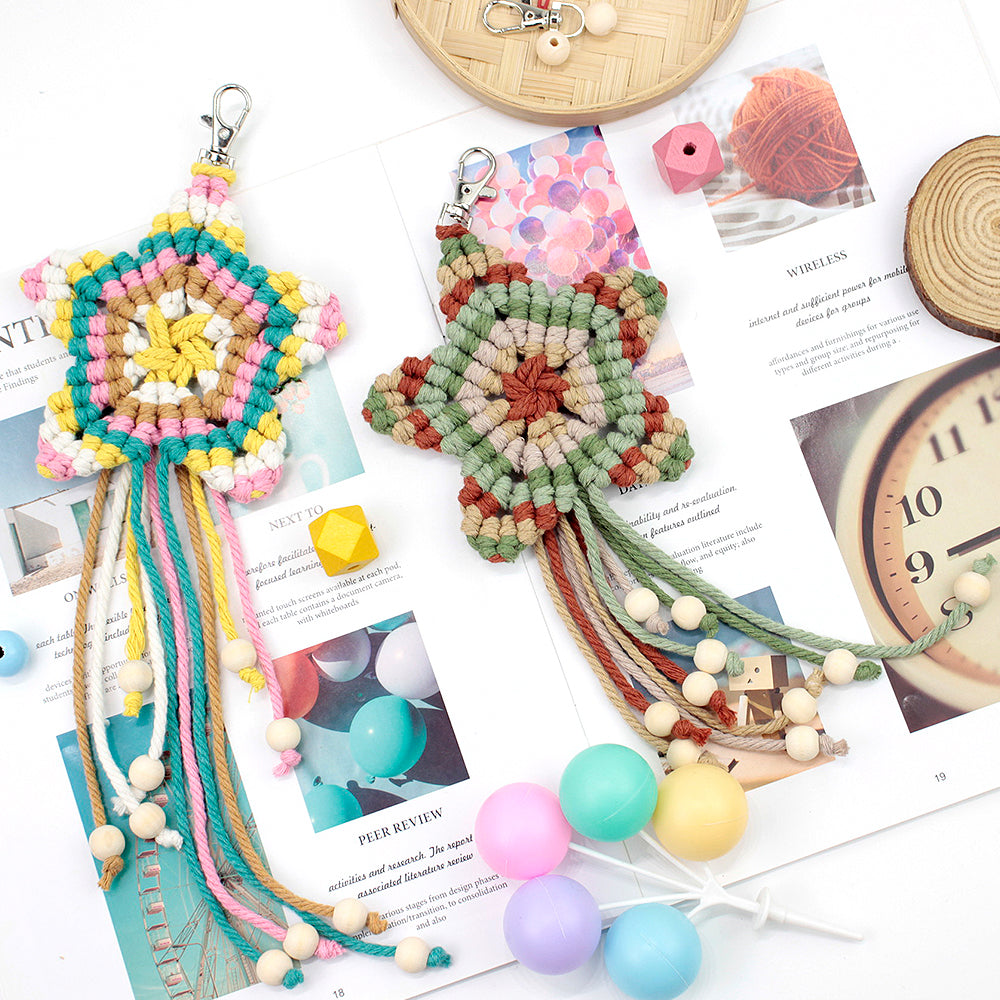 Macrame Kit 5-Pointed Star Keychain Weaving Kit | Multi-Colors |  Fringe + Wood Bead Decor | Wristband/Anti-Lost Strap | Beginner-Friendly