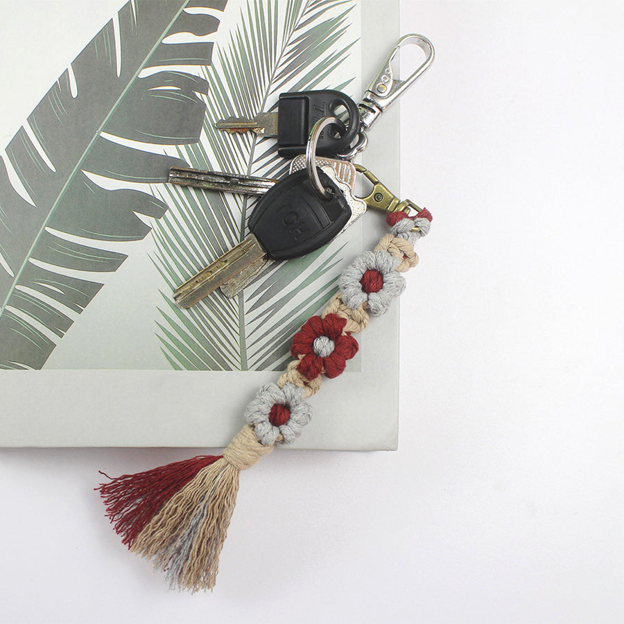 Macrame Kit Bohemian Style Interval Color Small Daisy Tassel Keychain Weaving Kit (Tassel Weaving Set): Polyester Rope, Tutorial, Antique Copper Lobster Clasp, Phone Clip. For Pendants/Bag Charms  Beginner Handmade DIY