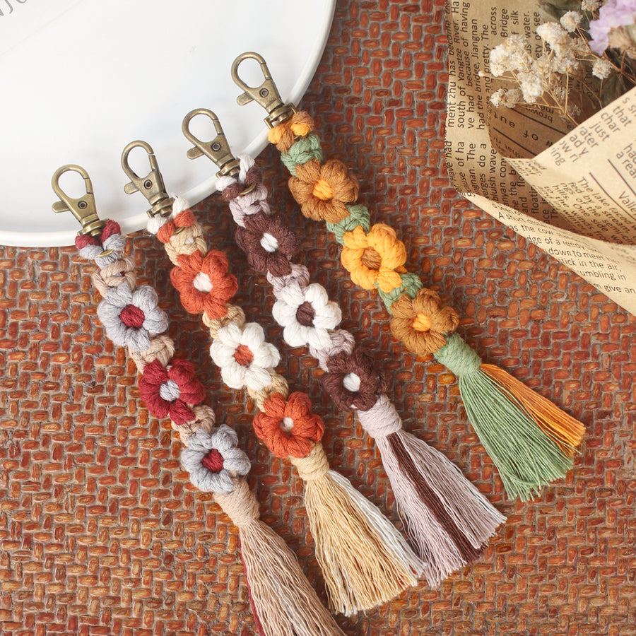 Macrame Kit Bohemian Style Interval Color Small Daisy Tassel Keychain Weaving Kit (Tassel Weaving Set): Polyester Rope, Tutorial, Antique Copper Lobster Clasp, Phone Clip. For Pendants/Bag Charms  Beginner Handmade DIY