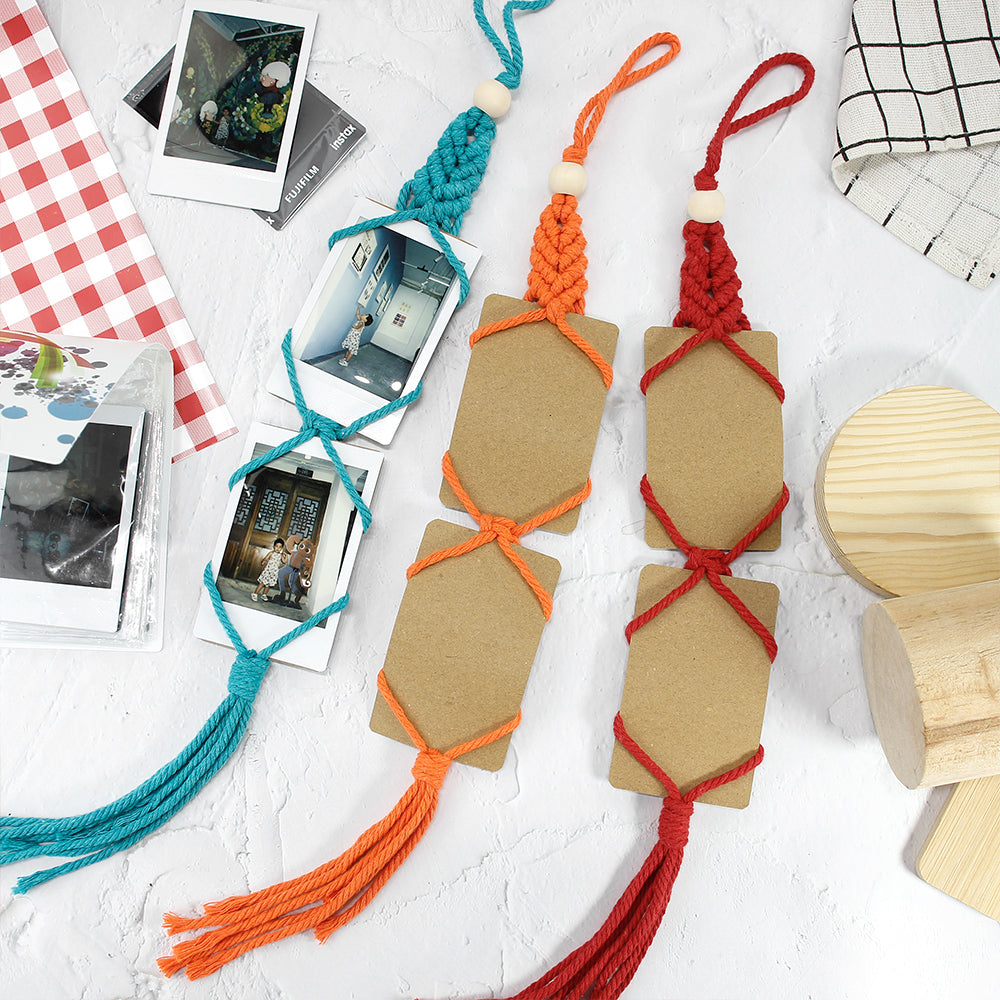 Macrame Kit for Beginners, Bohemian Woven Photo Frame Hanger, Polyester Fiber Handmade Polaroid Display Holder, DIY Craft Kit for Aesthetic Wall Decor, Car Pendant & Gift